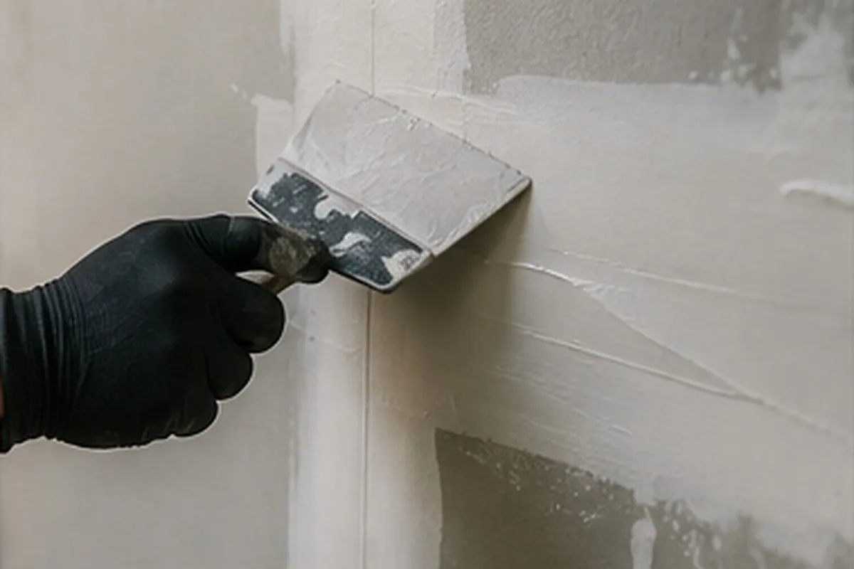 Editorial photograph of a drywall joint being finished with a taping knife — service-context imagery, not a photograph of a specific AO1 project.