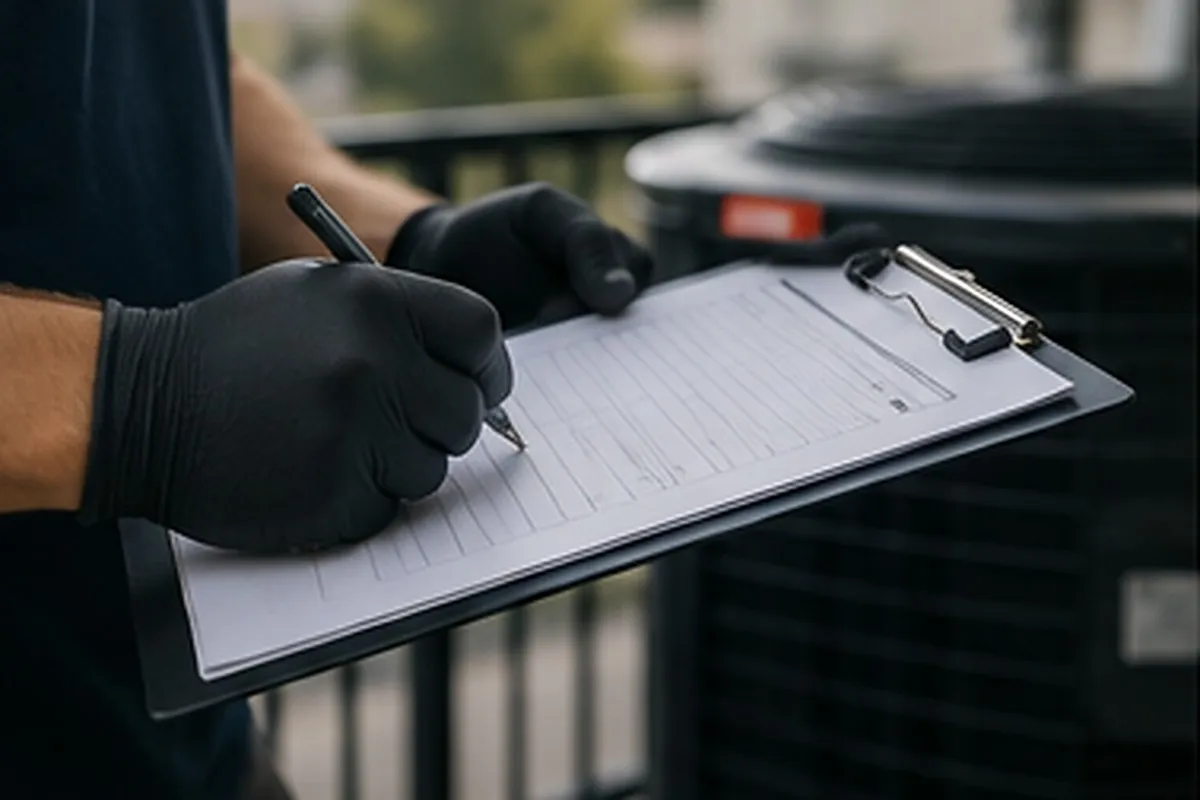 Fotografía editorial de una mano con guante completando un formulario de inspección junto a un equipo de HVAC — imagen de contexto de servicio, no una fotografía de un proyecto específico de AO1.