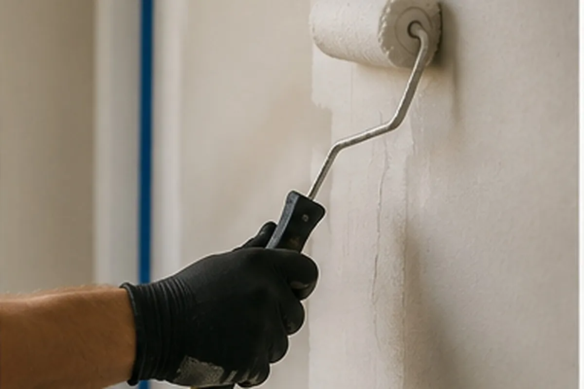 Fotografía editorial de un rodillo de pintura sobre una pared interior — imagen de contexto de servicio, no una fotografía de un proyecto específico de AO1.