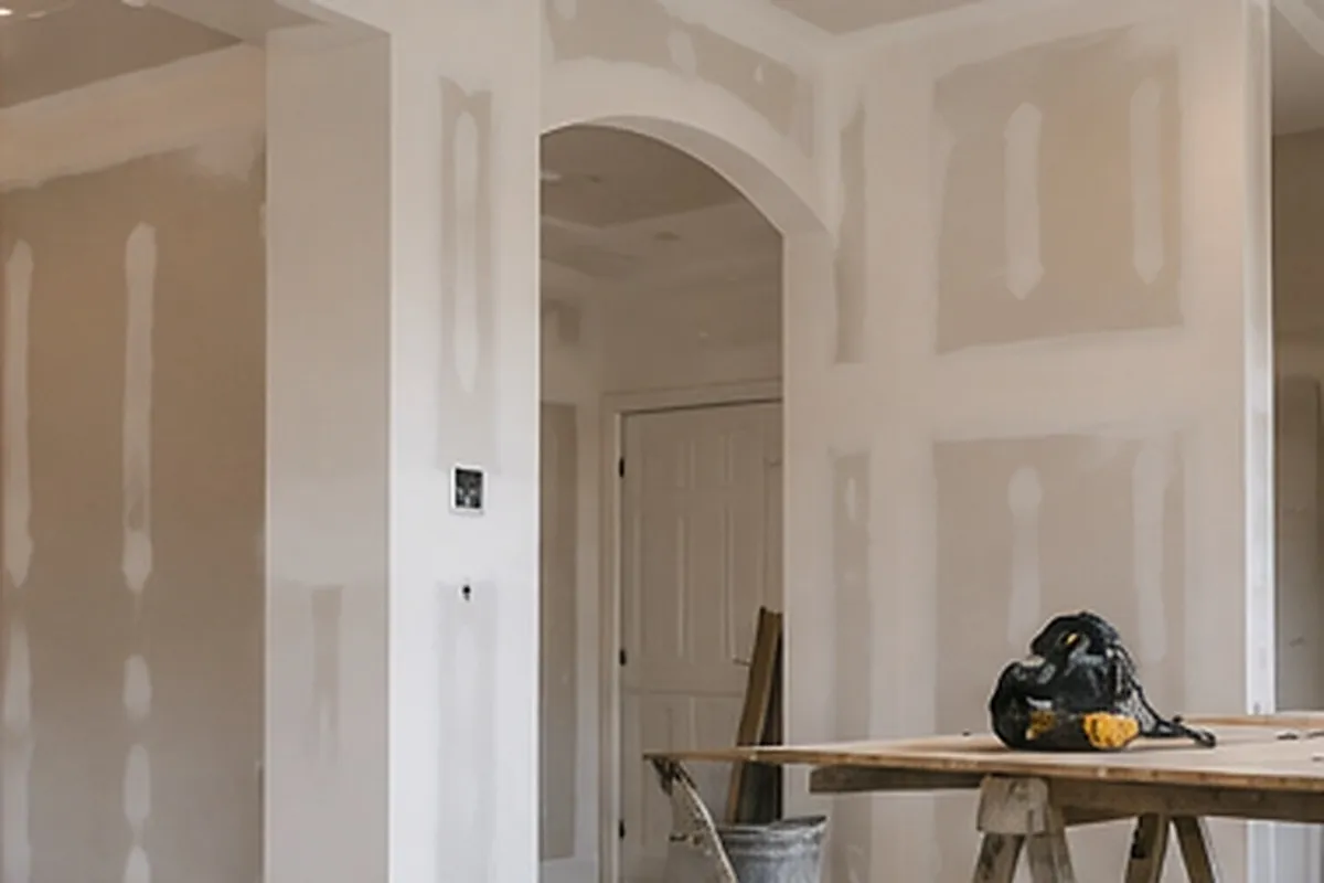 Fotografía editorial de una habitación en renovación, drywall nuevo y un arco — imagen de contexto de servicio, no una fotografía de un proyecto específico de AO1.
